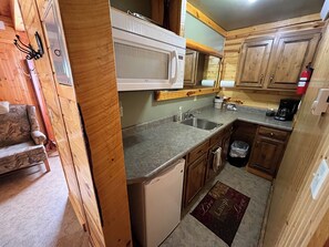 Fridge, microwave, coffee/tea maker, toaster