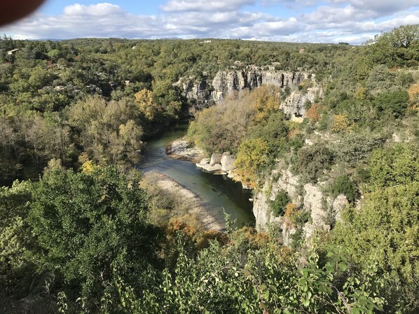 A river flowing through a forested valley with rocky cliffs.