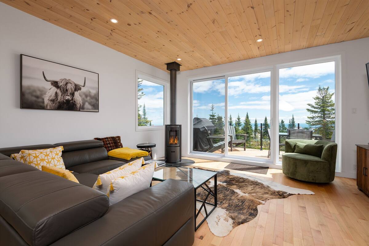 A modern living room with a leather sofa, a glass coffee table, a fireplace, and a large window with a view of trees and mountains.