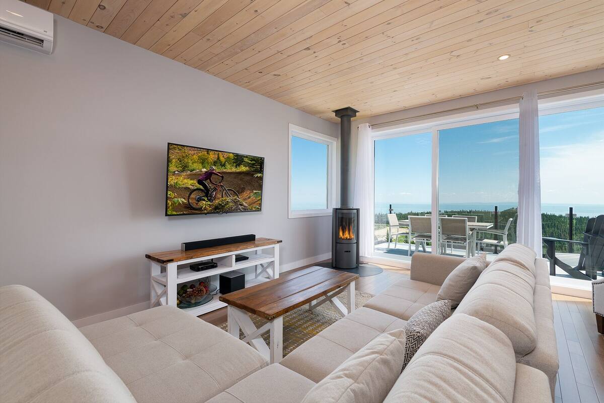 A modern living room with a fireplace, a television mounted on the wall, and a sofa.