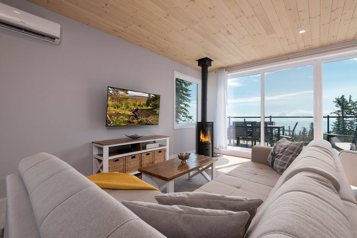 A modern living room with a fireplace, a large window with a view, and a mounted TV.