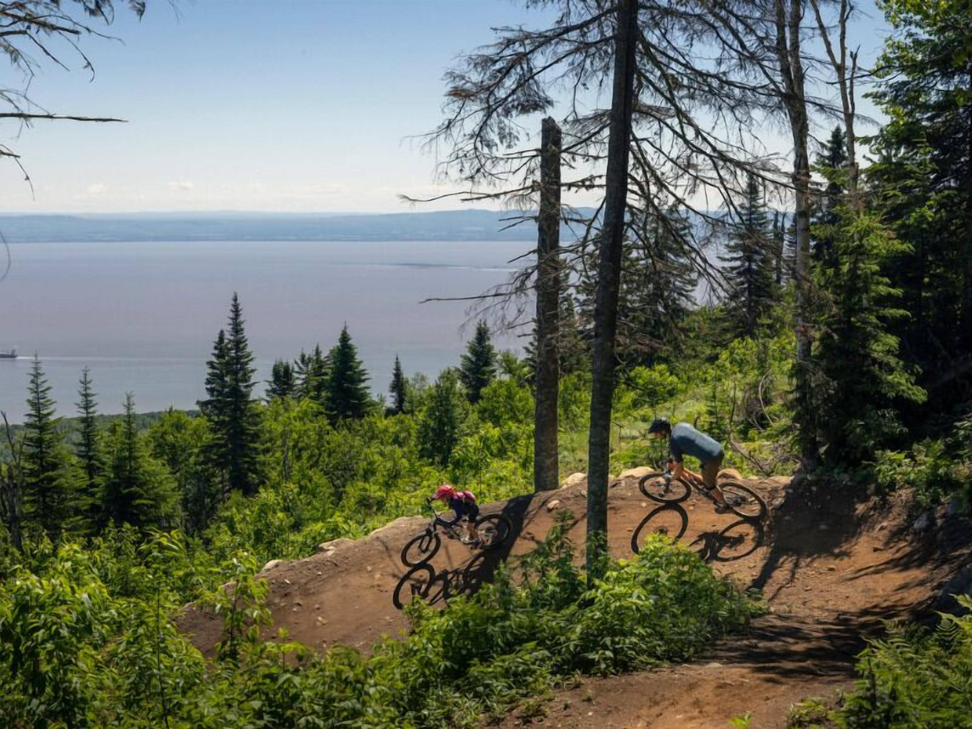 A mountain biking trail with a scenic view of a lake and forest.