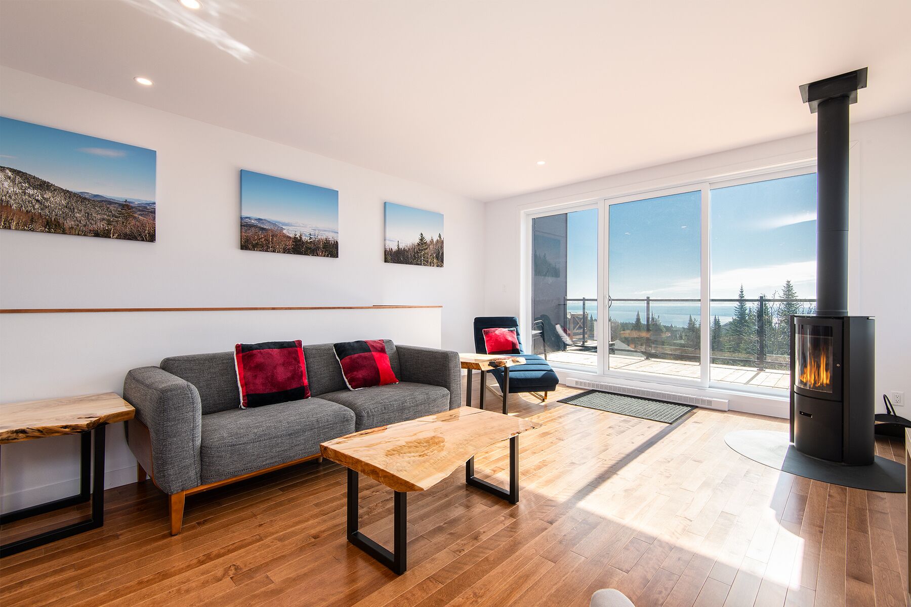 A modern living room with a grey sofa, red cushions, a wooden coffee table, and a large window with a view of trees and a building.