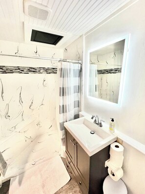 Shower, hair dryer, towels