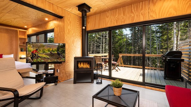 A modern living room with a large TV, a fireplace, and a view of a forested area. - Les Refuges (Petite-Riviere-Saint-Francois)