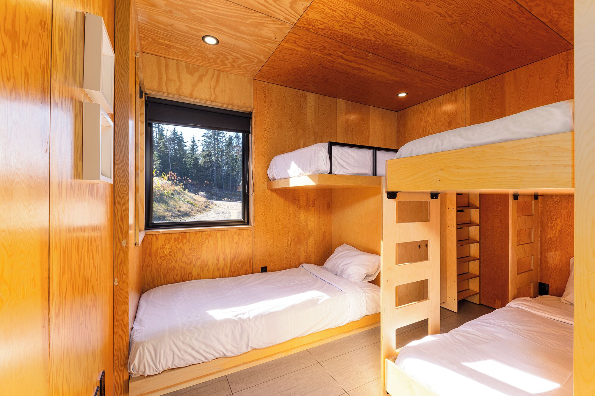 Eine Holzhütte mit zwei Etagenbetten und einem Fenster mit Blick auf einen Wald.