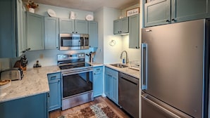 A kitchen with blue cabinets, stainless steel appliances, and a wooden floor.