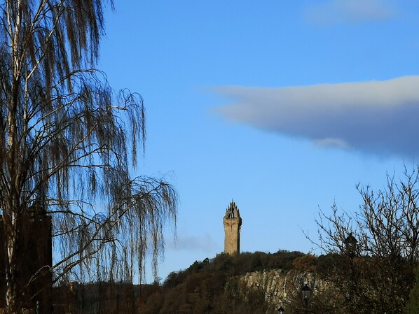 Uma torre numa colina, rodeada por árvores sem folhas.