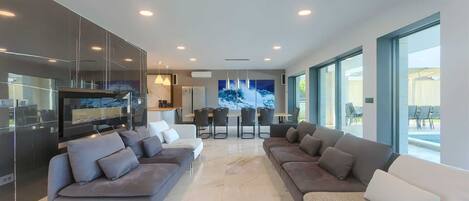 TV, DVD player, foosball, table tennis