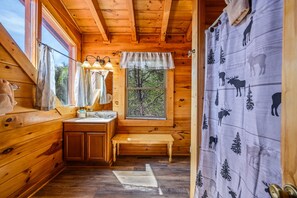 Shower, jetted tub, hair dryer, towels