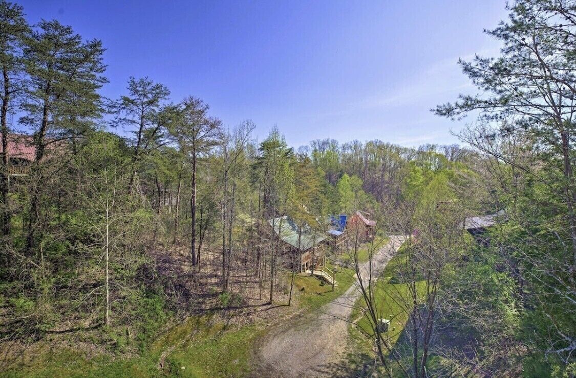 Ein bewaldetes Gebiet mit einem Feldweg, der zu einem Gebäude mit einem blauen Dach führt.
