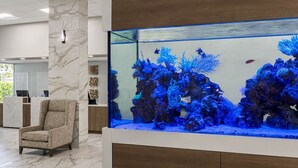 Un área de recepción con un gran acuario, una pared con diseño de mármol y una silla moderna.