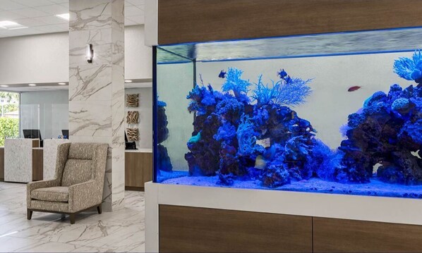 A reception area with a large aquarium, a marble-patterned wall, and a modern chair.