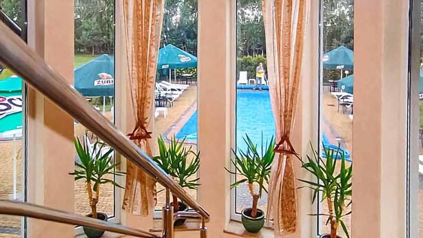 Vista desde una ventana sobre un área de piscina con sombrillas y plantas en macetas.