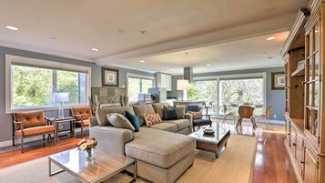 TV, fireplace, books, stereo