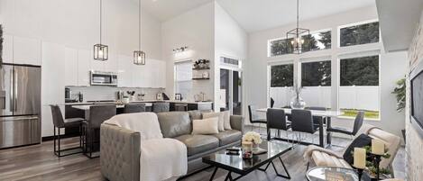 Smart TV, fireplace, books