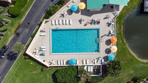 En vy från ovan av en rektangulär swimmingpool med solstolar och parasoller runt omkring, intill en byggnad med ett grönt tak.