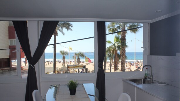 Eine moderne Küche mit Blick auf den Strand, ein Essbereich mit Tisch und Stühlen sowie eine kleine Pflanze auf der Fensterbank.