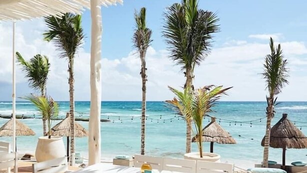 A beachside dining area with a table and chairs under a thatched roof, overlooking the ocean. - Jungle vibe,  with  Sea side breezes , EXPERIENCE THE MAYAN RIVIERA  (Akumal)