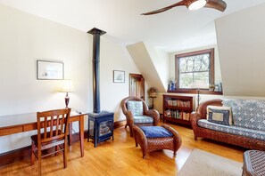 TV, fireplace, books