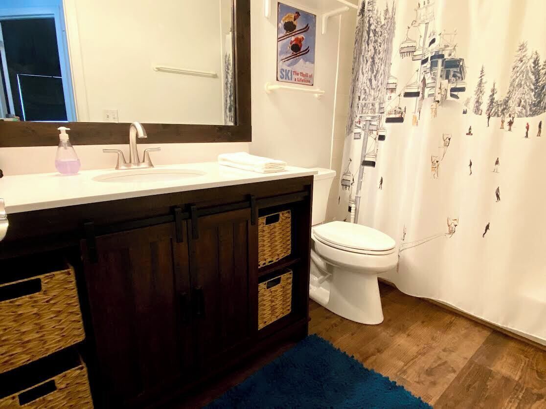 A bathroom with a white sink, a mirror, a toilet, and a shower curtain with a ski-themed design.