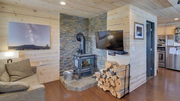 Ein gemütlicher Wohnbereich mit Kamin aus Stein, Fernseher, einer Couch und einer Küchenzeile mit modernen Geräten.