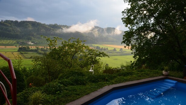 Una piscina con vistas a un paisaje verde y un edificio lejano.