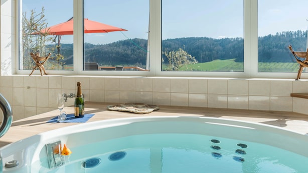A hot tub with a view of a forested landscape through large windows.