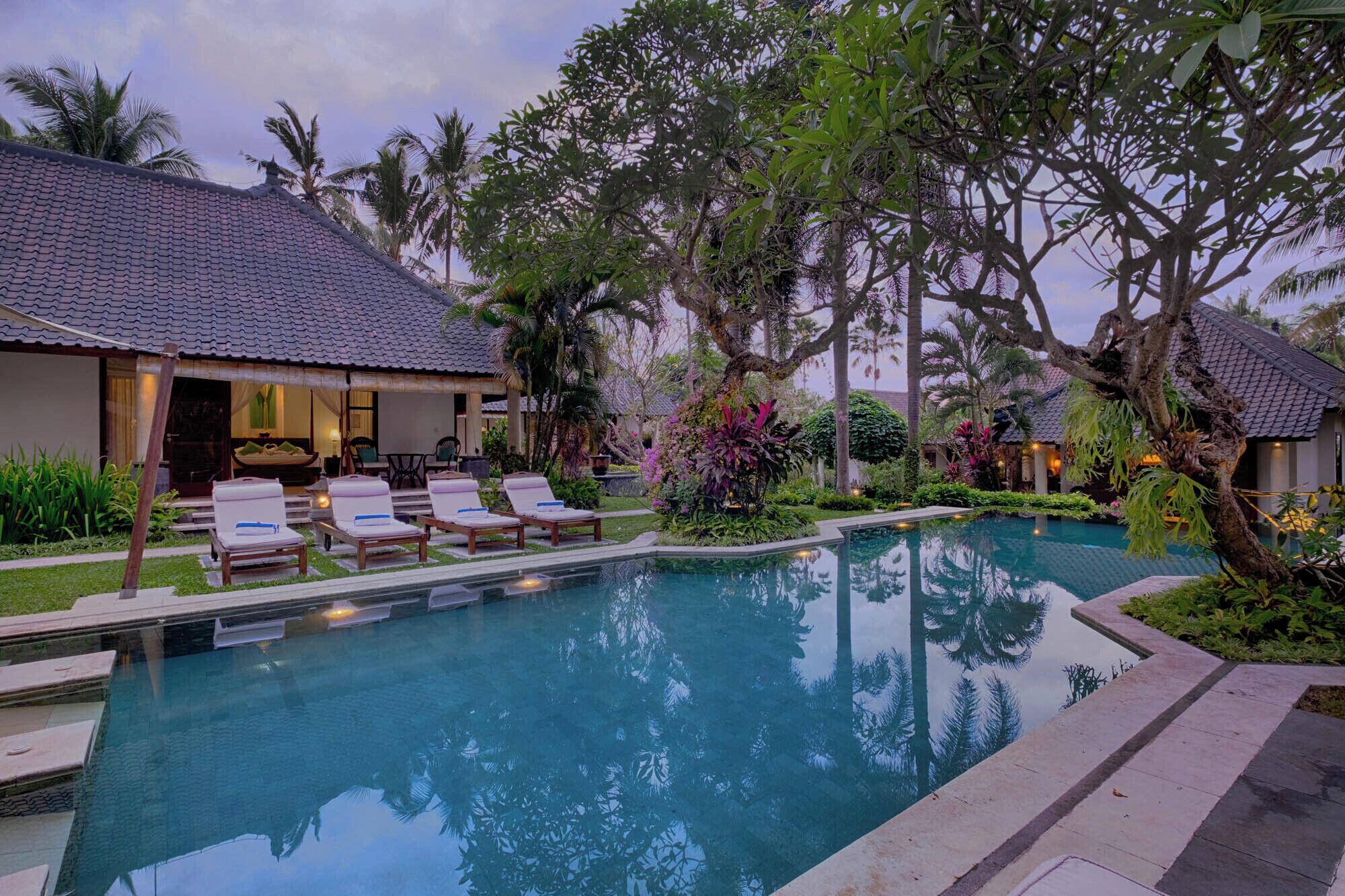Un área junto a la piscina con sillones de descanso, una piscina y vegetación tropical.
