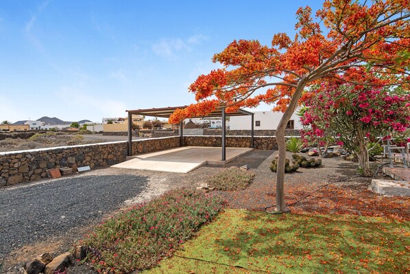 A covered outdoor area with a stone wall, a pergola, and a tree with orange leaves.