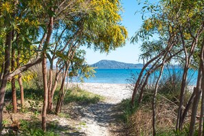 Ein Weg führt zu einem Strand mit Bäumen und freiem Blick auf das Meer.