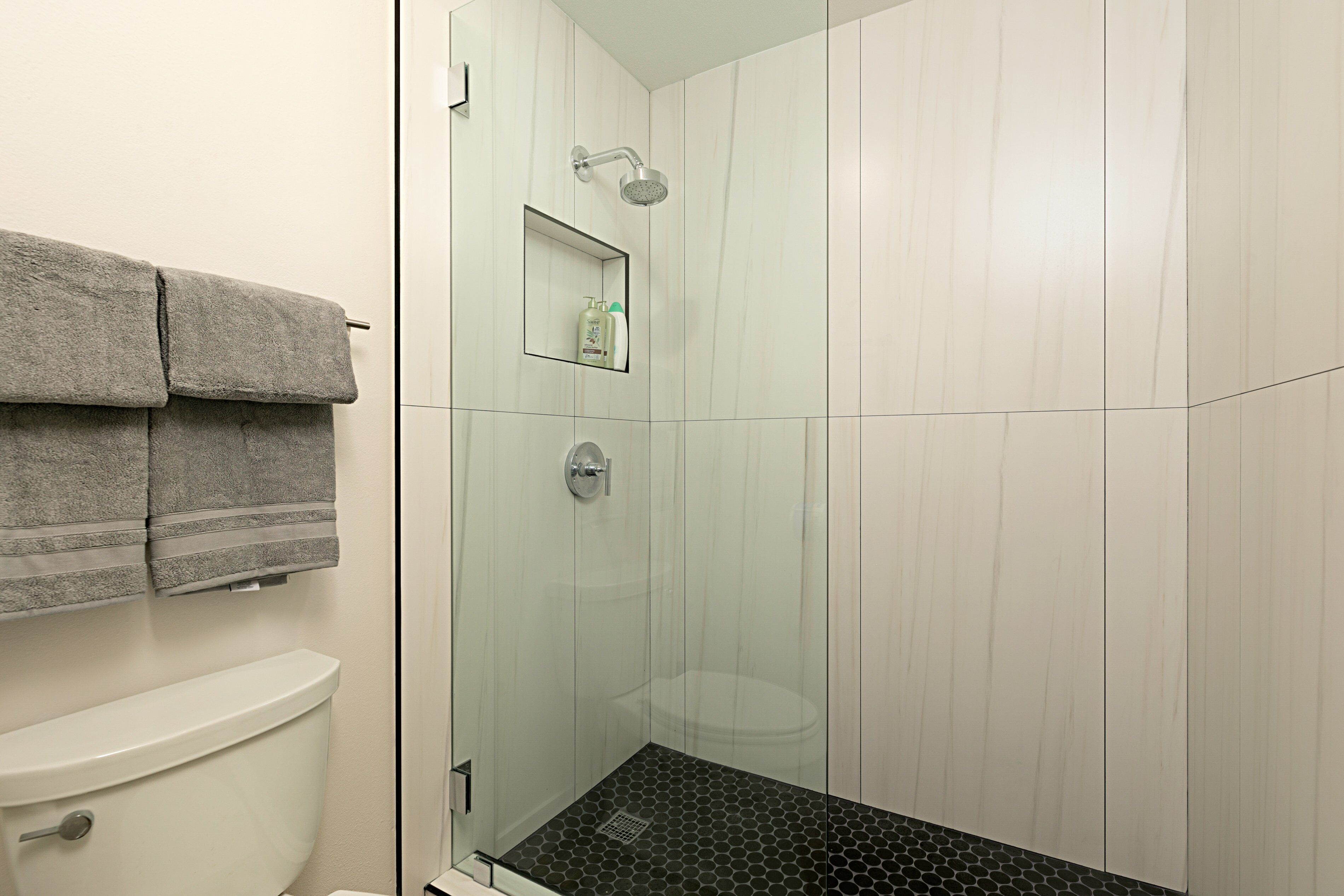 A bathroom with a glass-enclosed shower, a toilet, and a towel rack with two towels.
