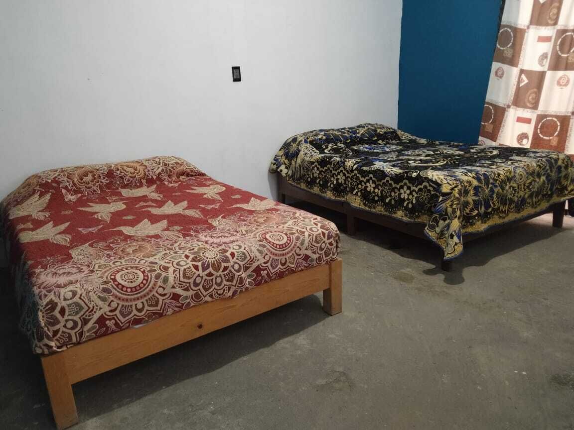 Two single beds with patterned bedding in a room with plain walls and a blue accent wall.