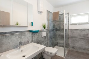 Shower, hair dryer, towels, toilet paper