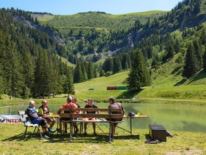 Un grupo de personas sentadas en una mesa de picnic junto a un lago, con montañas al fondo.