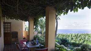 Portico coperto con tavolo e sedie, affacciato su un giardino e il mare.
