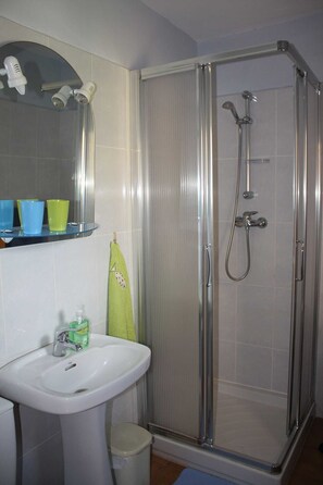 Shower, hair dryer, towels