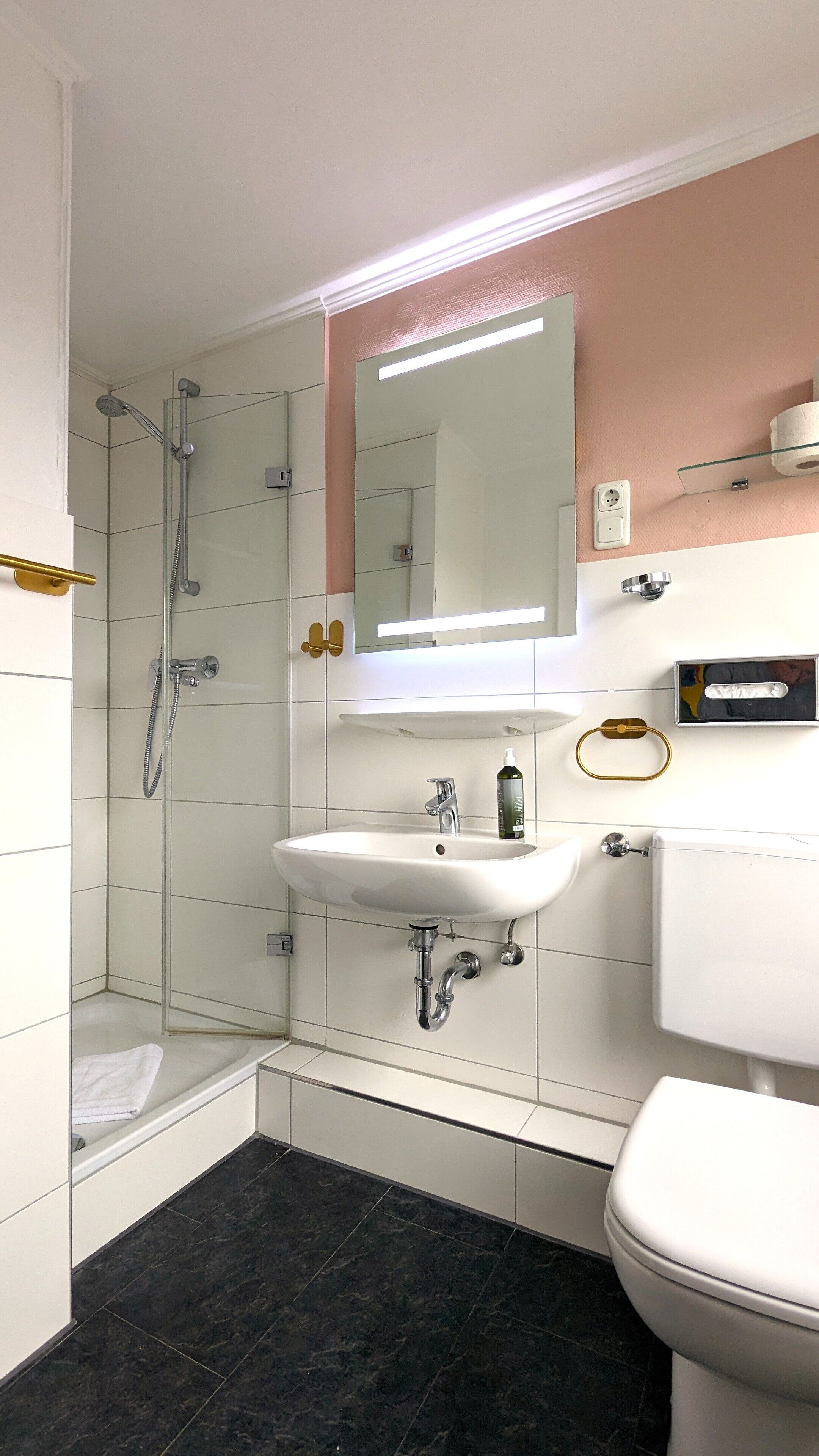 Un baño moderno con cabina de ducha de vidrio, un lavabo blanco y un inodoro.