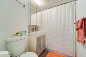 Chuveiro, secador de cabelo, toalhas de banho