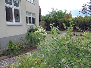 Un jardin résidentiel avec une grande variété de plantes et une maison dont on peut voir une fenêtre.