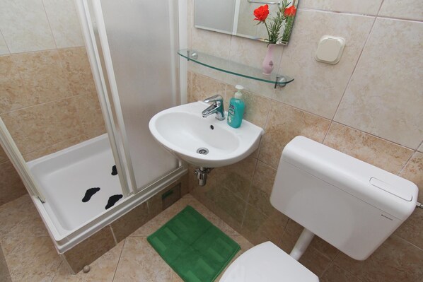 A bathroom with a white sink, a glass shelf above it, a toilet, and a shower area. - Apartments Villa Alex (Gradac)
