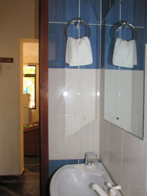 Regadera, secadora de cabello, toallas, jabón