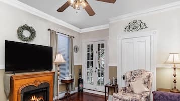 Smart TV, fireplace, books