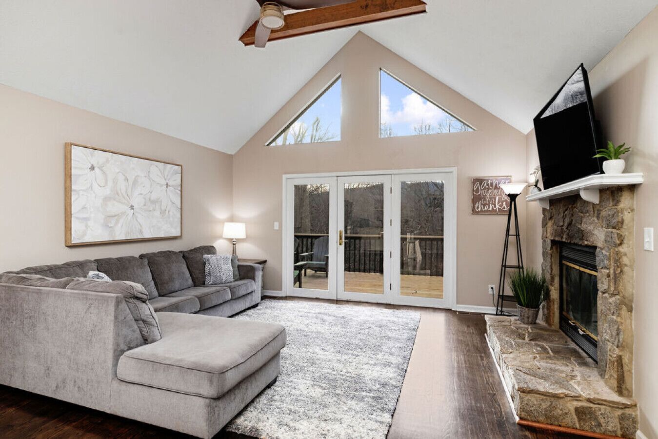 Télévision, cheminée, table de tennis de table