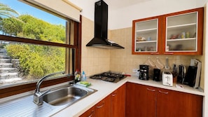 Una cocina con estufa a gas, un lavamanos y armarios de madera.