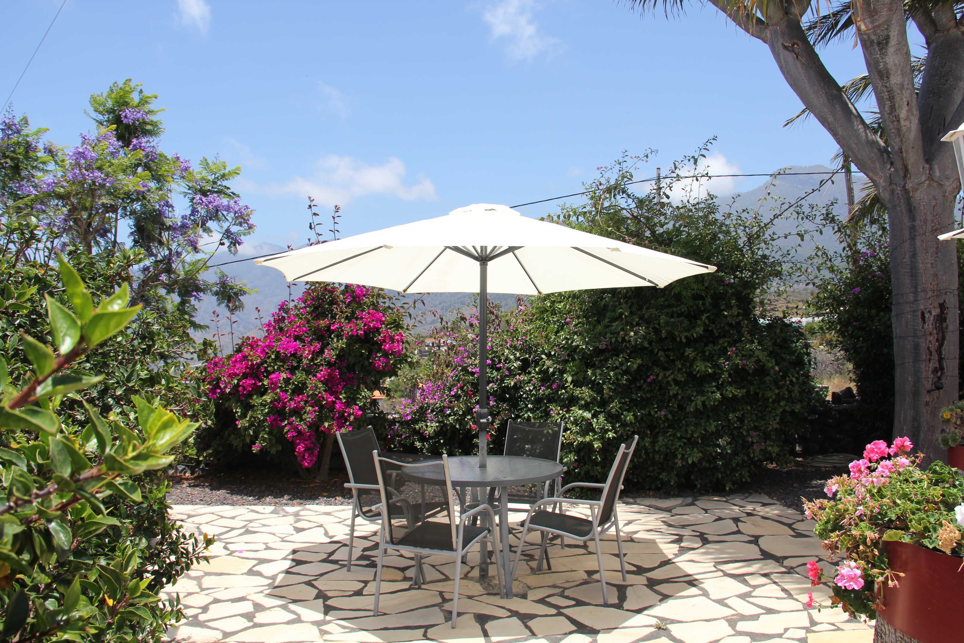 A patio with a round table and chairs, an umbrella, and surrounding greenery.