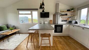 Coffee/tea maker, fridge, microwave, oven