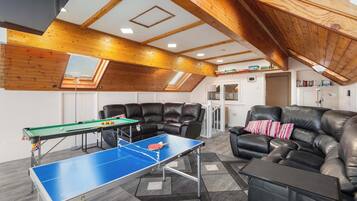 A room with a ping pong table, leather sofas, a bookshelf, and a skylight.