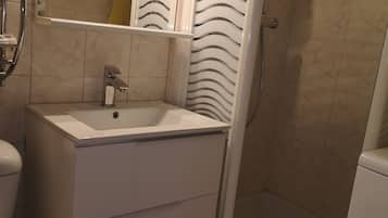 Regadera, secadora de cabello, papel de baño