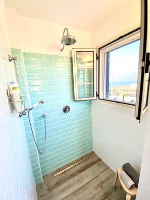 Shower, hair dryer, bidet, towels